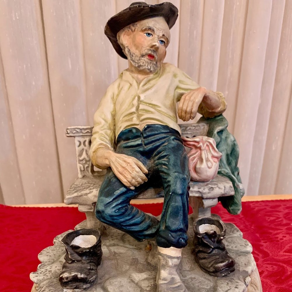 Vintage Capodimonte Porcelain Figurine - Hobo Sitting on Bench